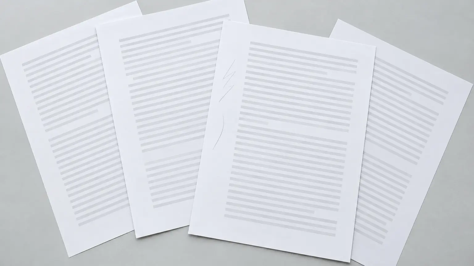 Printed drafts of service pages and case studies spread across a pale desk, one of them marked up in pencil