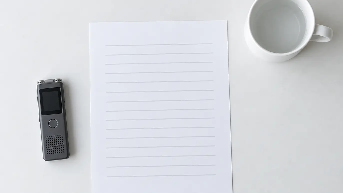 A recorder, a list of written questions and a cup on a light table, arranged as if a conversation is about to start