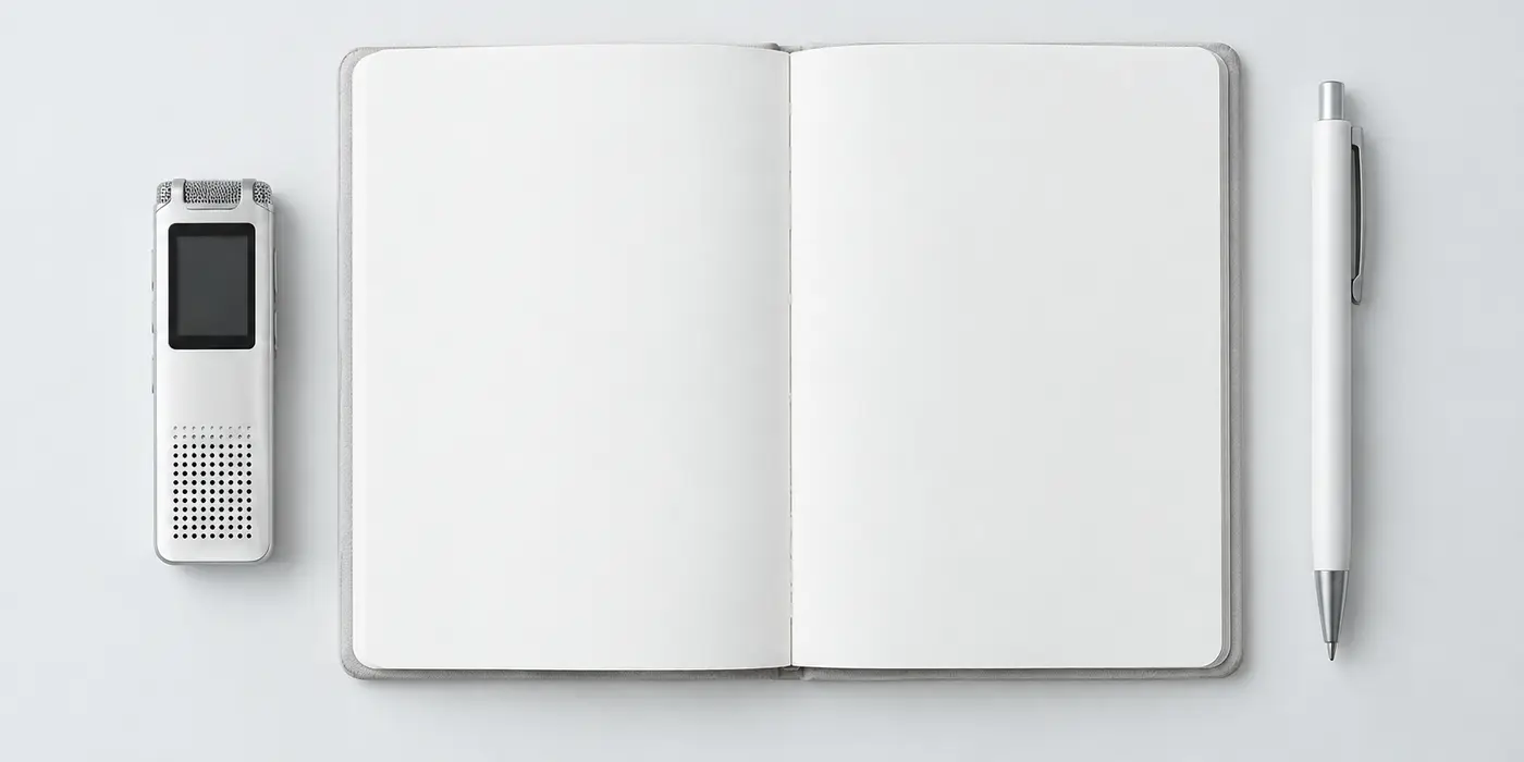 A voice recorder and an open notebook on a pale table, with a pen resting beside them