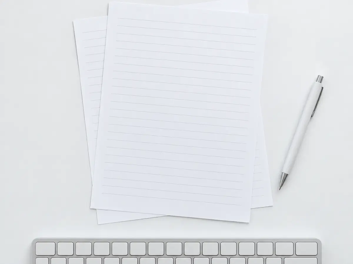 A plain working desk with paper, a pen and a keyboard, photographed in daylight